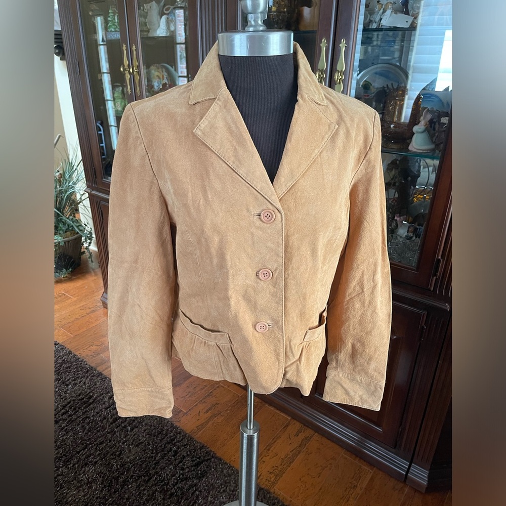NWT Genuine Leather METROSTYLE Button Up Classic Jacket Pocket Suede Camel Sz 14